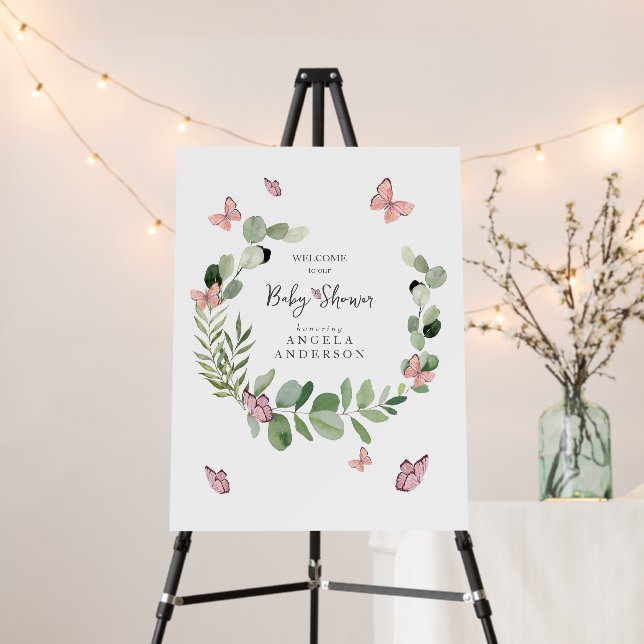 Baby Shower Butterfly Eucalyptus Welcome Sign (In Situ (Stand))
