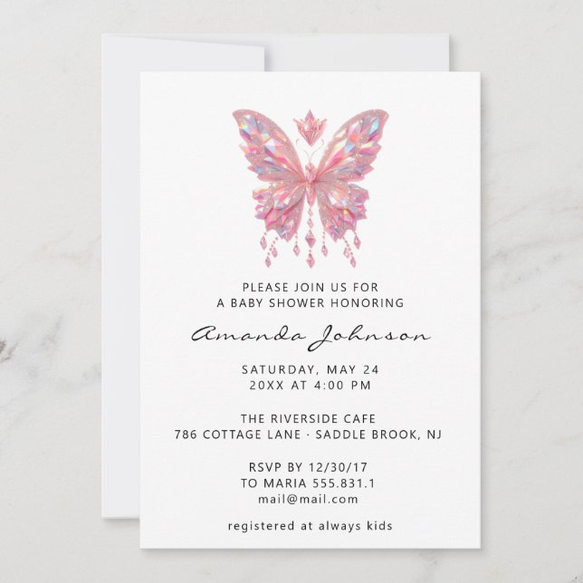 Baby Shower Butterfly Girl Pin Crystals White  Invitation (Front)