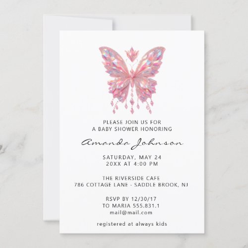 Baby Shower Butterfly Girl Pin Crystals White  Invitation