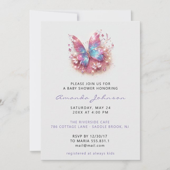 Baby Shower Butterfly Girl  Pink Blue Gray  Invitation (Front)