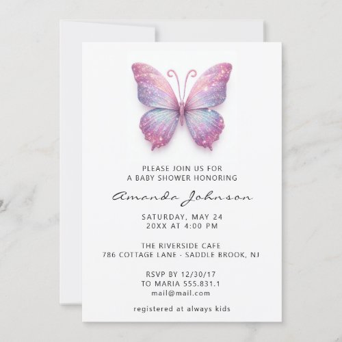 Baby Shower Butterfly Girl Rose Holograph Pink Invitation