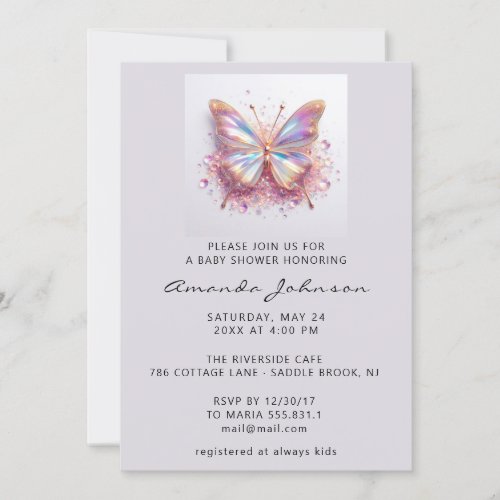 Baby Shower Butterfly Girl Rose Holographic Invitation
