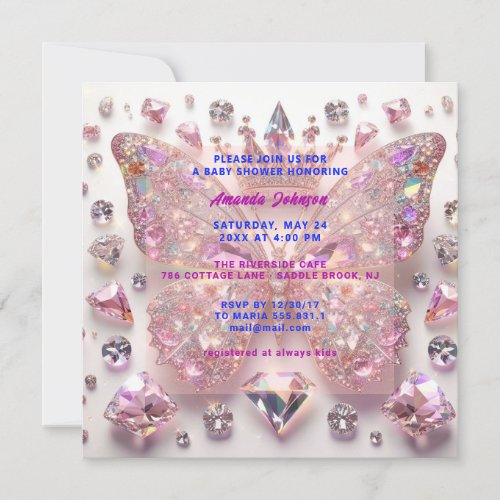 Baby Shower Butterfly GirlPink Crystals Diamond Invitation