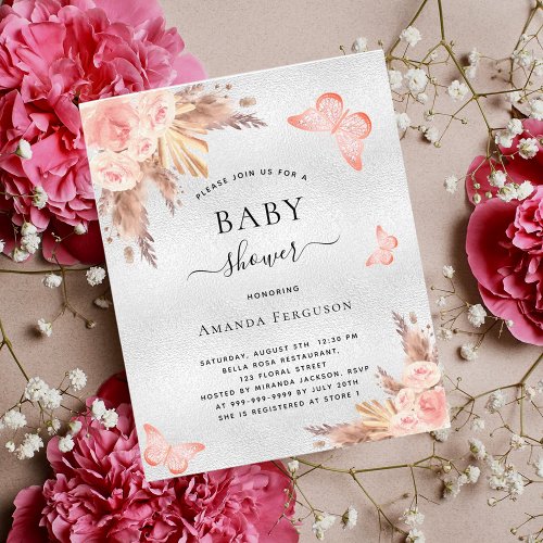 Baby shower butterfly pampas blush silver budget flyer