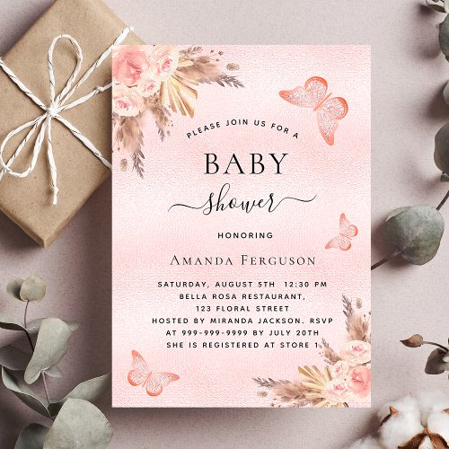 Baby shower butterfly pampas grass blush florals invitation