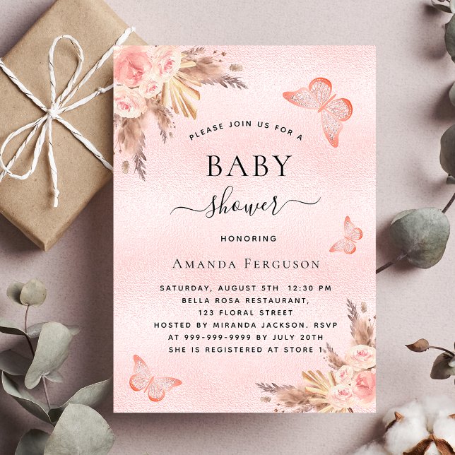 Baby shower butterfly pampas grass blush florals invitation (Creator Uploaded)