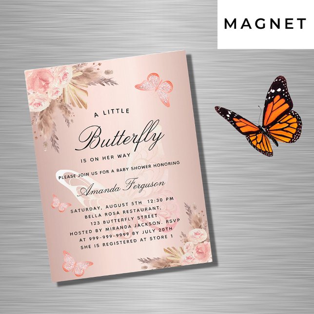 Baby shower butterfly pink girl pampas boho luxury magnetic invitation (Creator Uploaded)