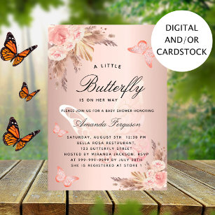 Baby shower butterfly pink girl pampas grass invitation