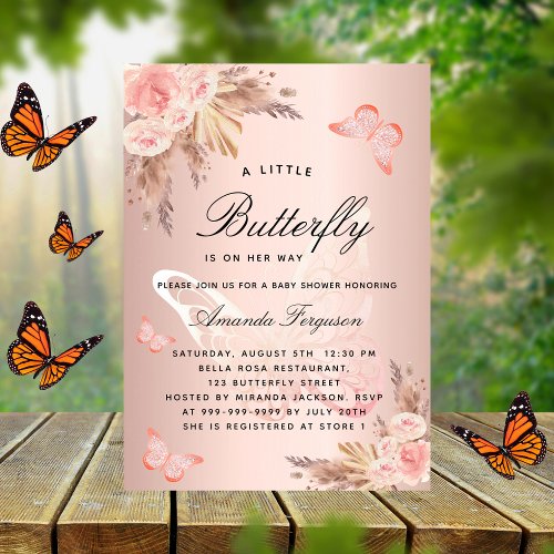 Baby shower butterfly pink girl pampas grass invitation postcard
