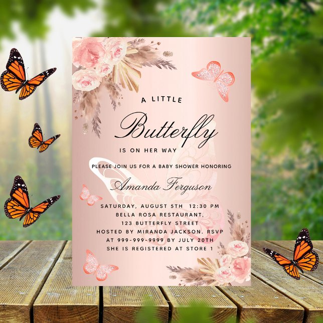 Baby shower butterfly pink girl pampas grass invitation postcard (Creator Uploaded)