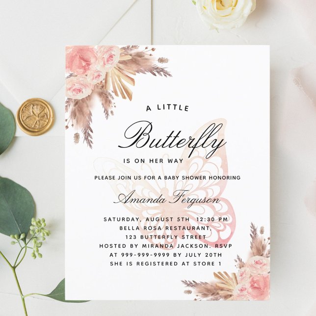 Baby shower butterfly pink girl pampas invitation (Creator Uploaded)