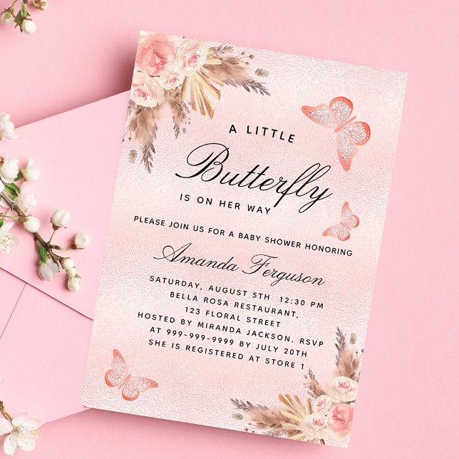 Baby Shower butterfly pink pampas grass girl Invitation Postcard (Creator Uploaded)
