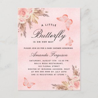 Baby Shower butterfly pink pampas grass girl Invitation Postcard | Zazzle