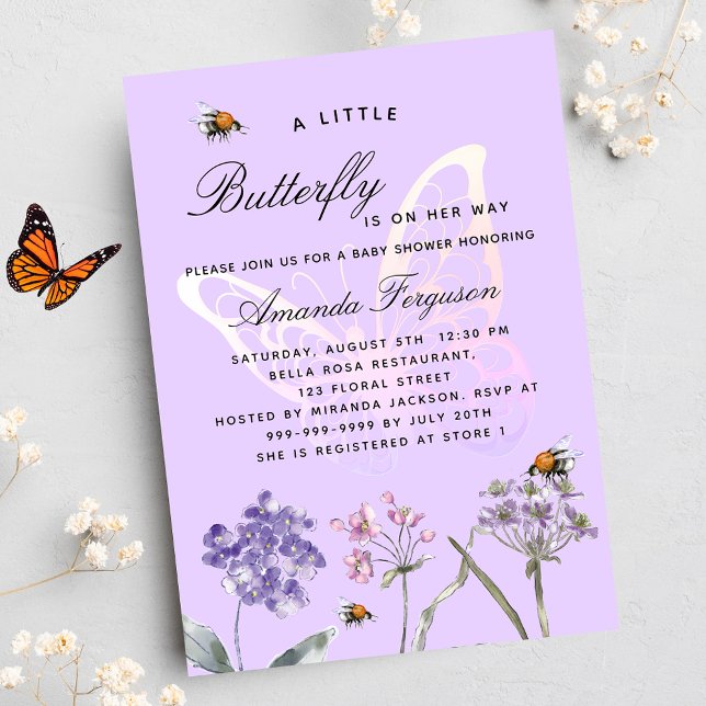 Baby Shower butterfly wildflowers violet girl Invitation Postcard (Creator Uploaded)