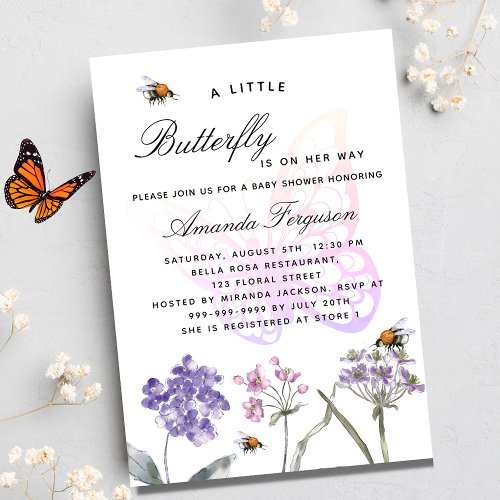 Baby Shower butterfly wildflowers violet pink girl Invitation Postcard