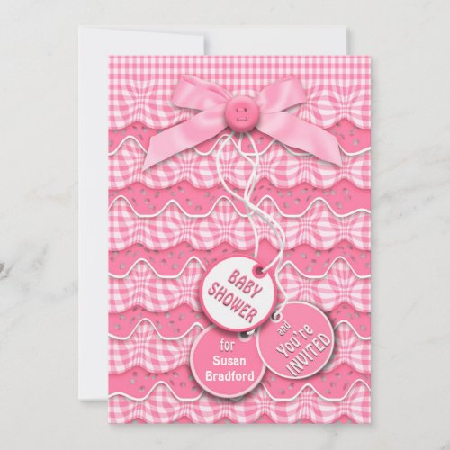 Baby Shower Buttons and Bows Layers Pink Ruffles Invitation