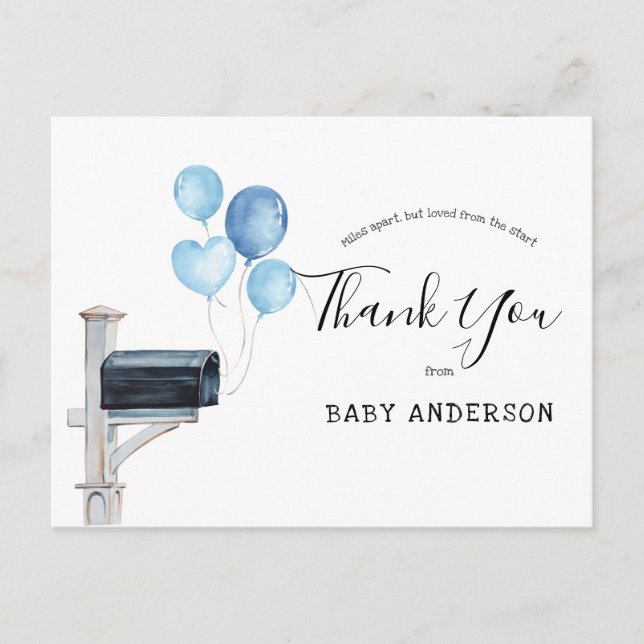 Baby Shower by Mail Blue Balloons Thank You Postcard (Front)