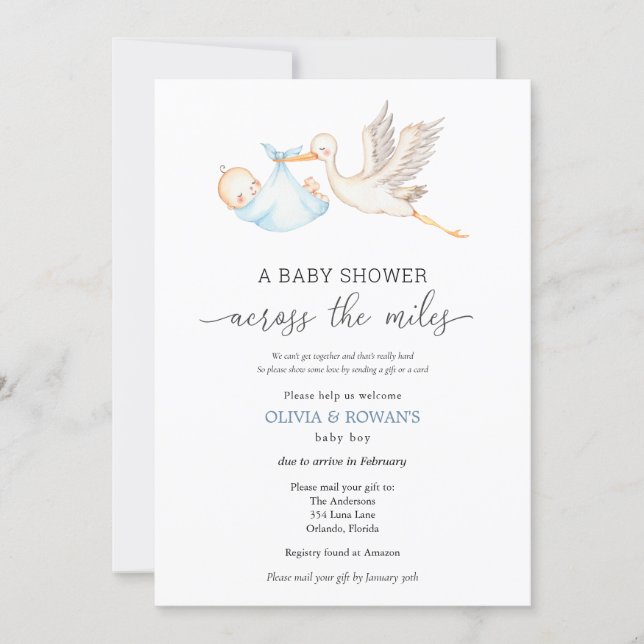 Baby Shower by Mail Blue Stork Invitation (Front)