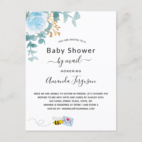 Baby Shower by mail boy blue floral cute bee Postcard