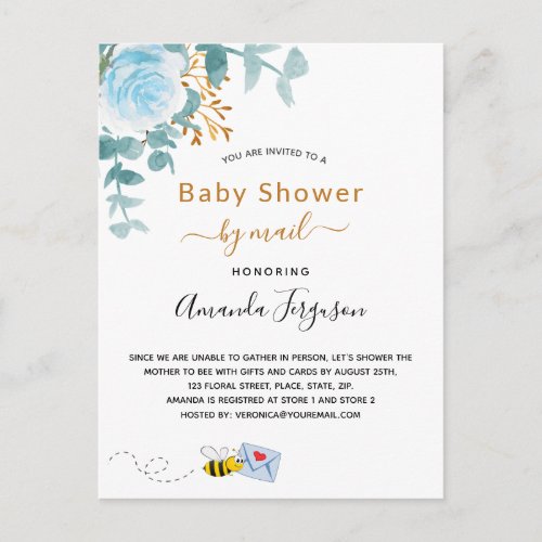 Baby Shower by mail boy floral blue cute bee Postcard