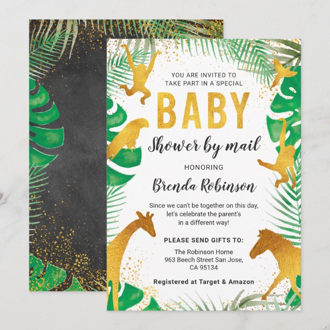 Baby Shower By Mail Boy Gold Jungle Animals Safari Invitation (Front/Back)
