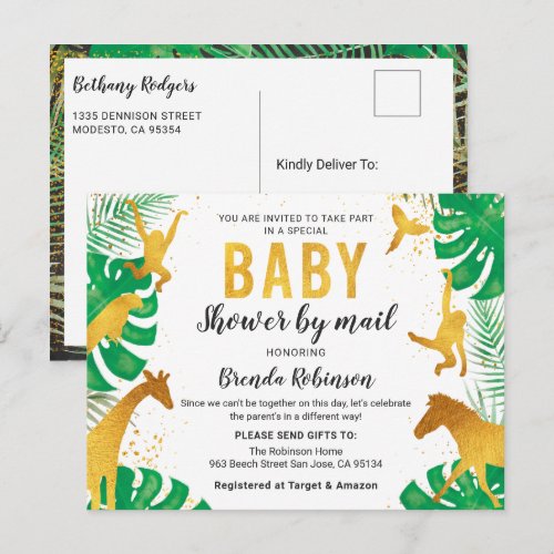 Baby Shower By Mail Boy Gold Jungle Animals Safari Postcard