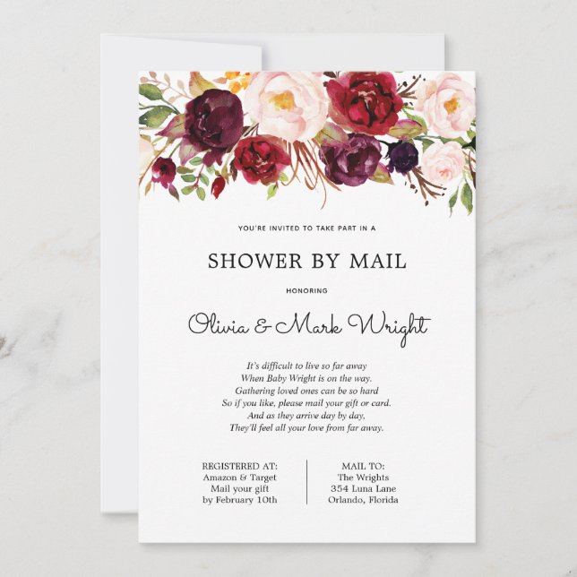 Baby Shower by Mail Burgundy Floral Invitation (Front)
