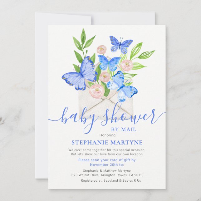 Baby Shower By Mail Butterfly Envelope Blue Invitation (Front)