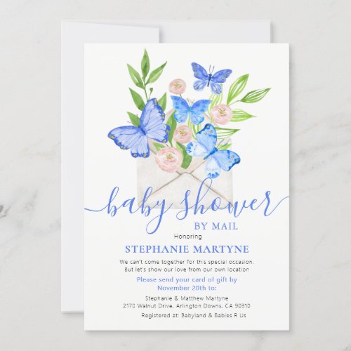 Baby Shower By Mail Butterfly Envelope Blue Invitation