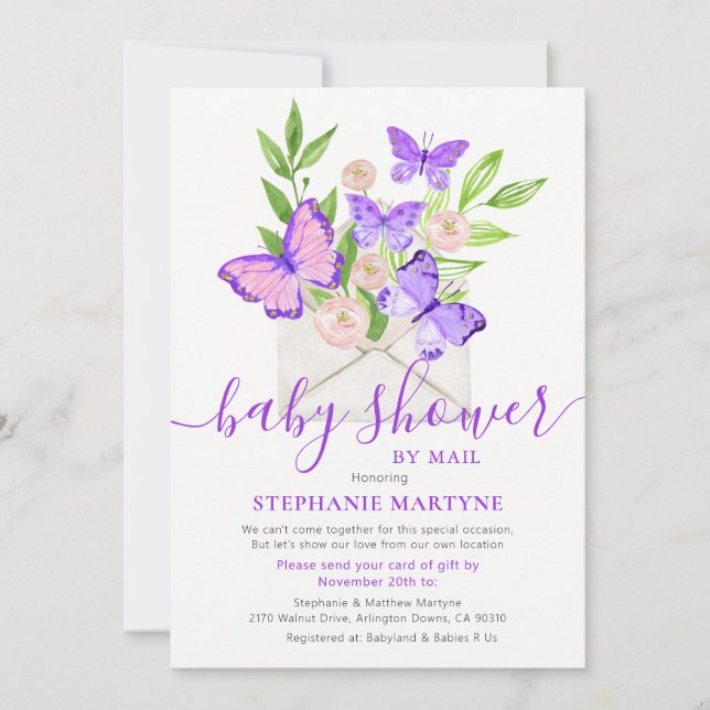 Baby Shower By Mail Butterfly Envelope Purple Invitation (Front)