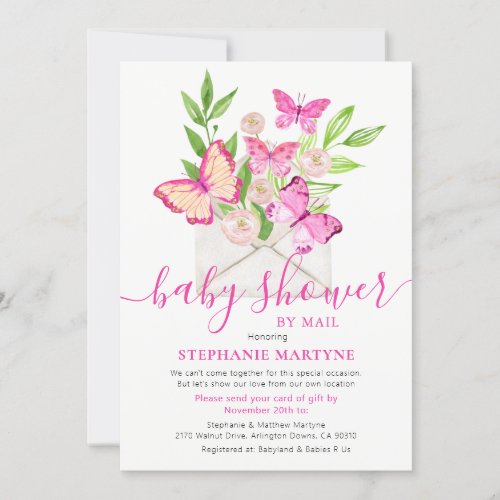 Baby Shower By Mail Butterfly Pink Floral Envelope Invitation