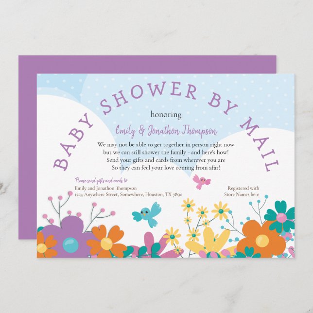 Baby Shower By Mail Colorful Florals Birds Invitation (Front/Back)