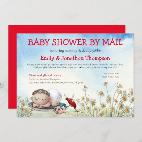 Baby Shower By Mail Cute Baby Asleep Daisies Red Invitation