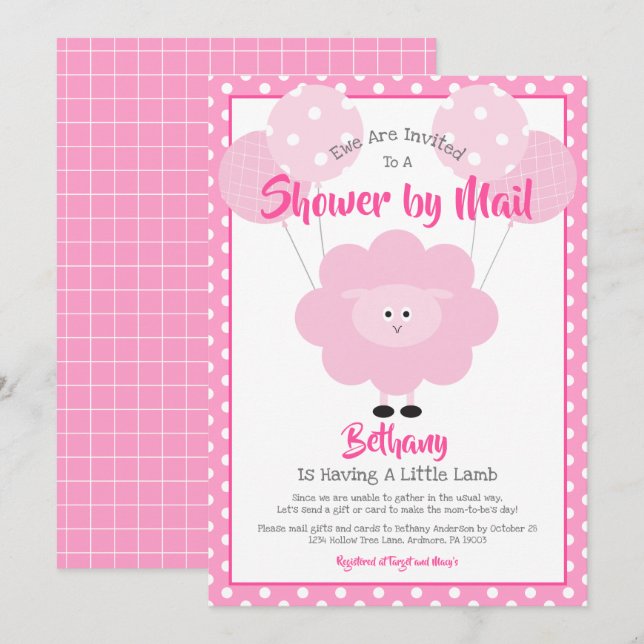 Baby Shower by Mail Cute Pink Lamb Modern Simple Invitation (Front/Back)