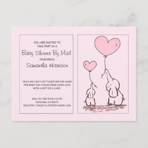 Baby Shower By Mail Elephants Pink Baby Girl Invitation Postcard