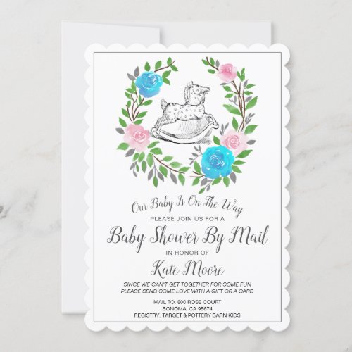 Baby Shower By Mail  Floral Wreath Rocking Horse Invitation
