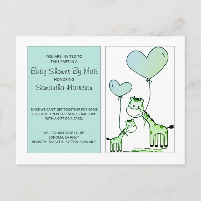 Baby Shower By Mail Giraffes Blue Green Invitation Postcard (Front)
