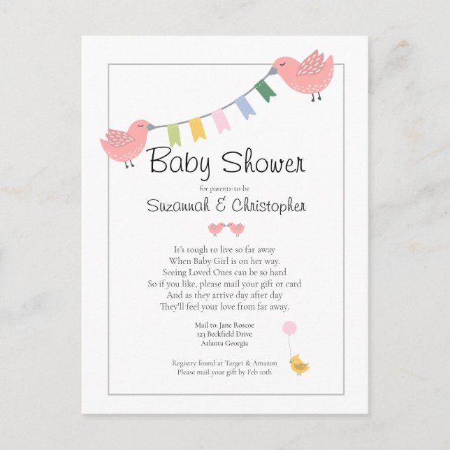 Baby Shower By Mail Girl Pink Birds Invitation Postcard (Front)