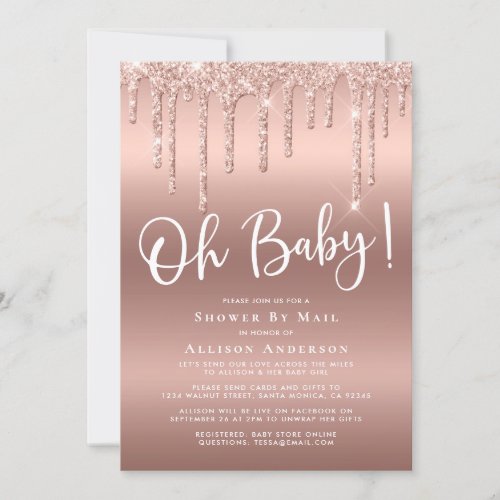 Baby Shower By Mail Glitter Drip Rose Gold Invitation