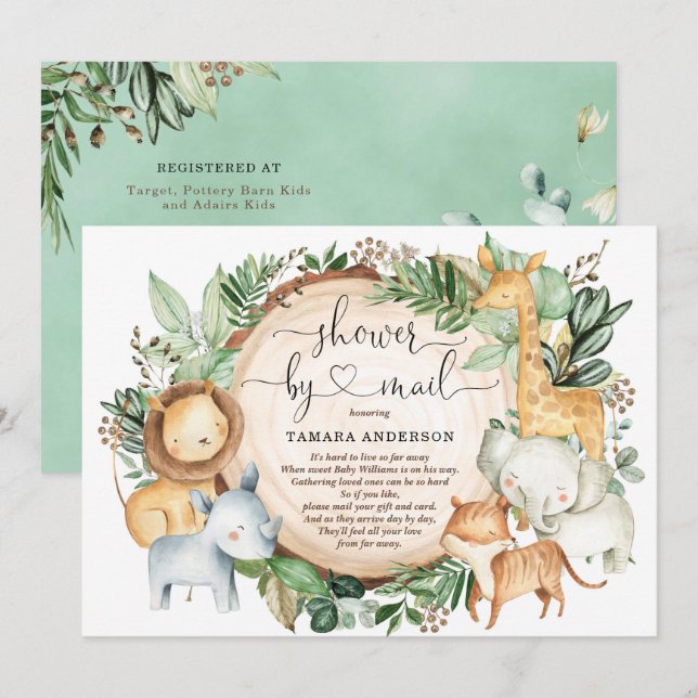 Baby Shower By Mail Greenery Safari Jungle Animals Invitation (Front/Back)