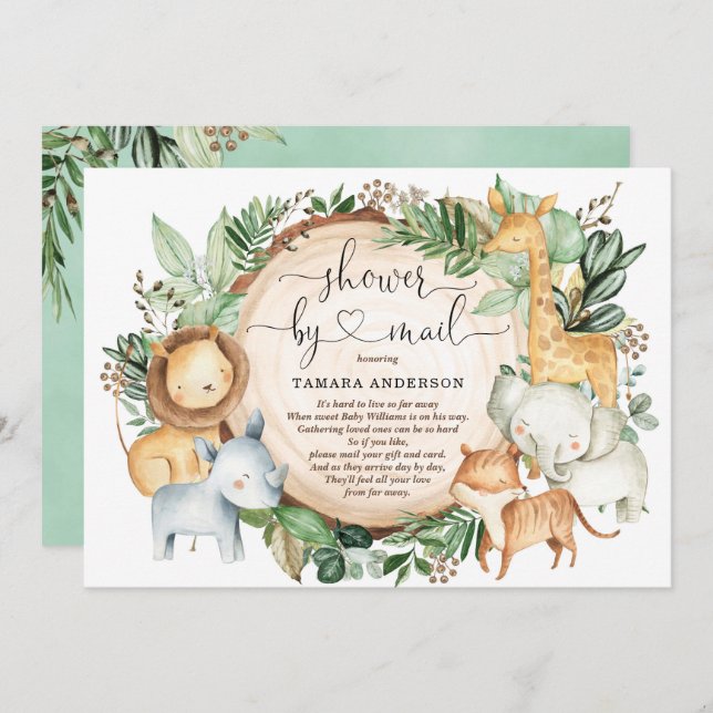 Baby Shower By Mail Greenery Safari Jungle Animals Invitation (Front/Back)