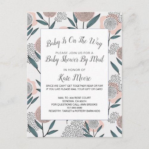 Baby Shower By Mail Hand Drawn Dusty Pink Floral Invitation Postcard
