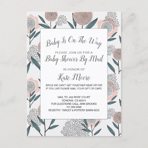 Baby Shower By Mail Hand Drawn Dusty Rose Floral Invitation Postcard