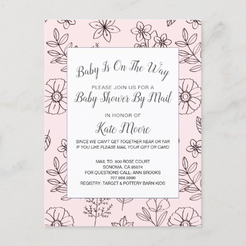 Baby Shower By Mail Hand Drawn Flowers Pink Invitation Postcard