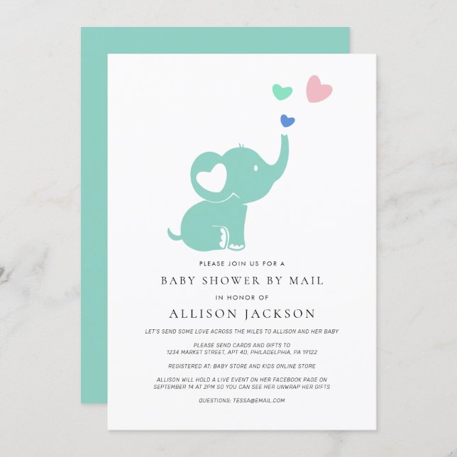 Baby Shower By Mail Mint Green Elephant Invitation (Front/Back)