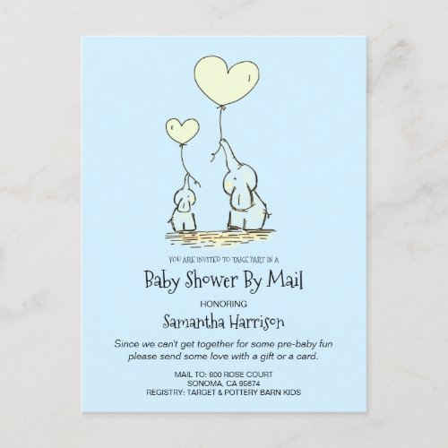 Baby Shower By Mail Mom And Baby Elephant Baby Boy Invitation Postcard