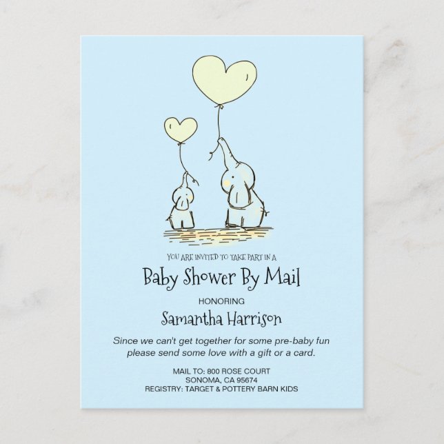 Baby Shower By Mail Mom And Baby Elephant Baby Boy Invitation Postcard (Front)