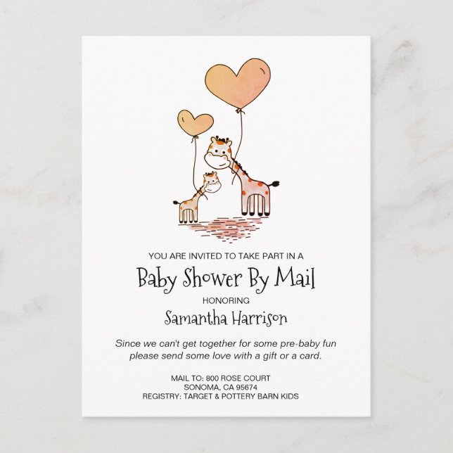 Baby Shower By Mail Mom And Baby Giraffe Invitation Postcard (Front)