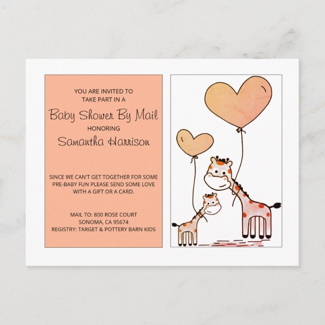 Baby Shower By Mail Mom And Baby Giraffes Invitation Postcard (Front)