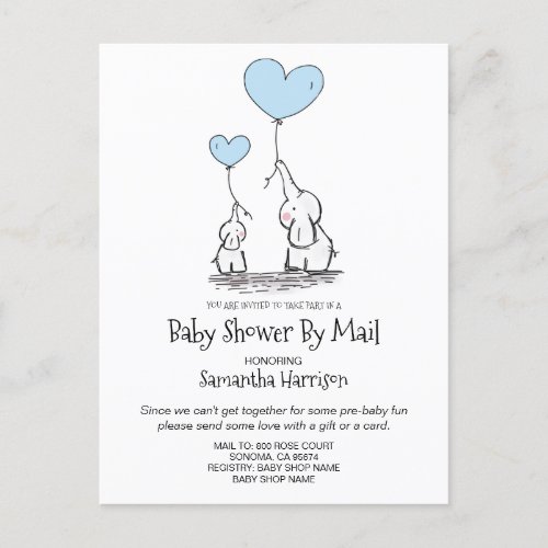 Baby Shower By Mail Mom Baby Elephant Boy Blue Invitation Postcard